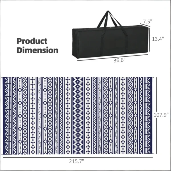 Blue geometric rug and carry bag dimensions Blue and white geometric rug measuring 215.7 by 107.9 inches, with its 36.6 by 7.5 by 13.4 inch carry bag.