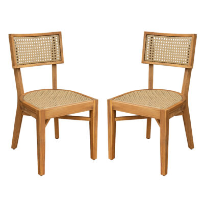 Two armless acacia wood dining chairs with light brown plastic rattan seats and backs on a white background.