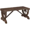 Brown fir wood bench with wagon wheel legs Brown fir wood garden bench with a slatted seat and wagon wheel-shaped side supports
