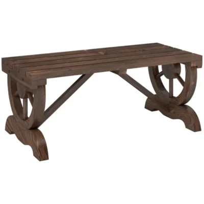 Brown fir wood garden bench with a slatted seat and wagon wheel-shaped side supports
