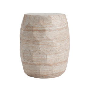 Beige barrel-shaped lightweight concrete side table with a travertine-effect finish, on a white background.