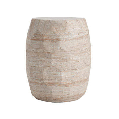 Beige barrel-shaped lightweight concrete side table with a travertine-effect finish, on a white background.
