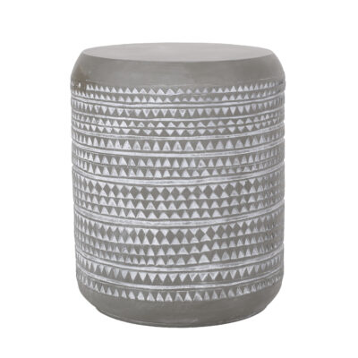 Light gray cylindrical outdoor side table with a triangular geometric surface pattern, shown on a white background.