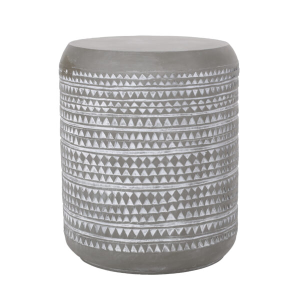 Light gray cylindrical outdoor side table with a triangular geometric surface pattern, shown on a white background.