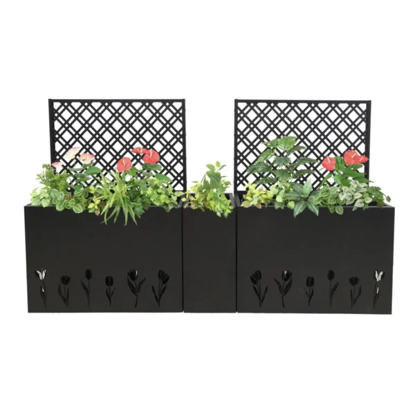 Three black metal planter boxes, two with trellises. Plants shown for styling.