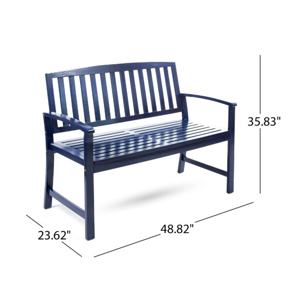 Dimension drawing of the blue acacia wood bench: 48.82 inches long, 23.62 inches deep and 35.83 inches high.