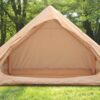 Front view of the khaki inflatable tent with the entrance open and the empty interior visible.