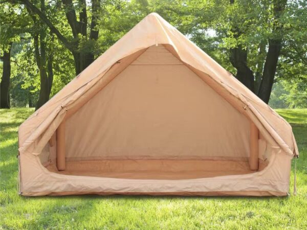 Front view of the khaki inflatable tent with the entrance open and the empty interior visible.