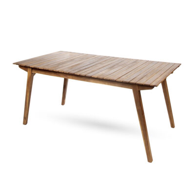 Acacia wood rectangular dining table with a warm teak-colored finish, slatted top and four splayed legs