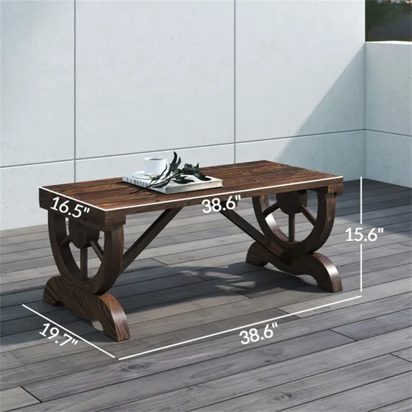 Wagon wheel garden bench dimensions Garden bench dimensions showing a 38.6-inch width, 19.7-inch depth and 15.6-inch height