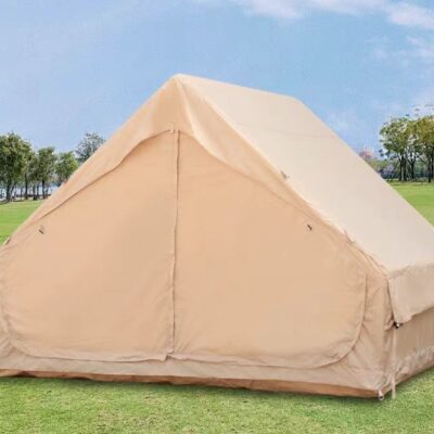 Khaki inflatable camping tent on grass, with the fabric entrance closed.