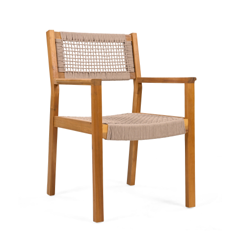 Single acacia wood dining armchair with a light brown rope seat and back, shown on a white background.