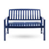 Blue acacia wood bench with armrests and a slatted back and seat, shown on a white background.