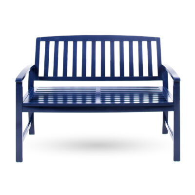 Blue acacia wood bench with armrests and a slatted back and seat, shown on a white background.
