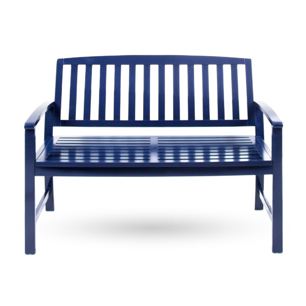 Blue acacia wood bench with armrests and a slatted back and seat, shown on a white background.