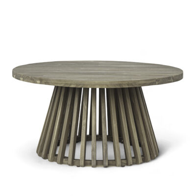 Gray acacia wood round coffee table Gray acacia wood round coffee table with a slatted top and tapered open wood-strip base