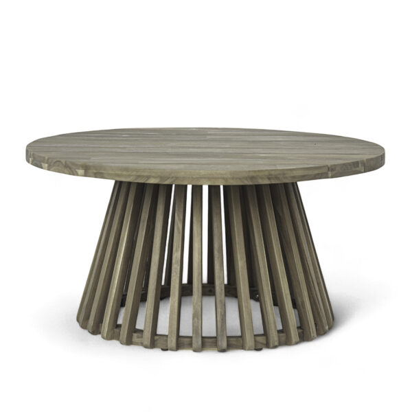 Gray acacia wood round coffee table Gray acacia wood round coffee table with a slatted top and tapered open wood-strip base