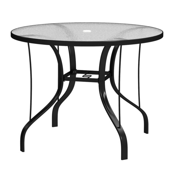 38-inch round glass patio dining table Round patio table with a textured glass top, central umbrella hole and curved black metal legs, shown on a white background.