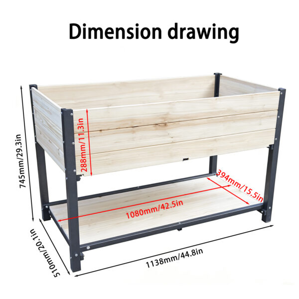 Raised wooden garden bed dimension drawing: 44.8 inches long, 20.1 inches wide and 29.3 inches high.