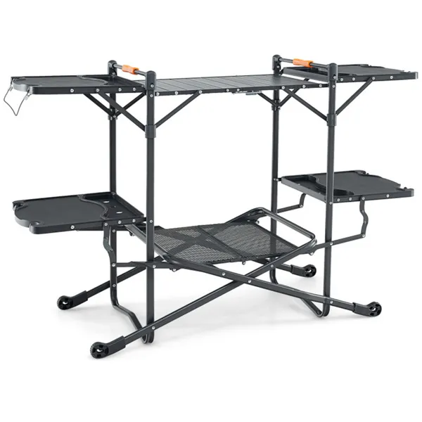 Black folding camping prep table with an aluminum center top, four side tables and a lower storage shelf.