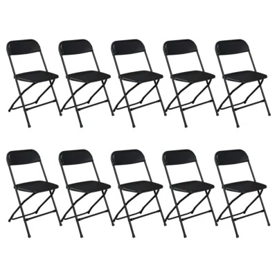 Ten matching black plastic folding chairs with metal frames, displayed together on a white background.