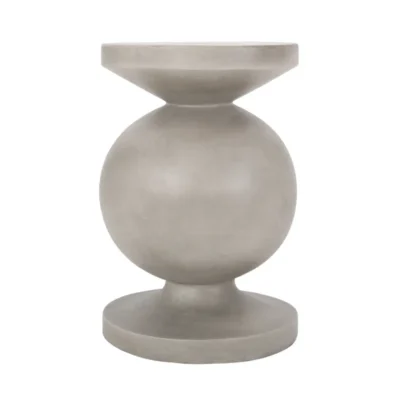 Light gray side table with a round top, rounded pedestal body and circular base on a white background.