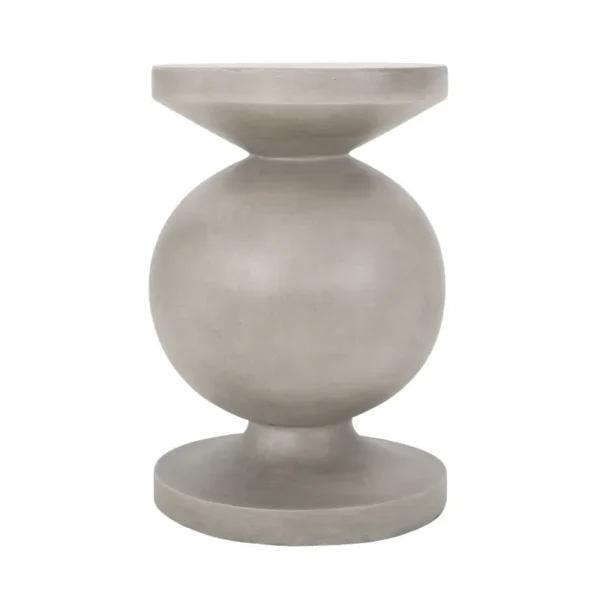 Light gray side table with a round top, rounded pedestal body and circular base on a white background.