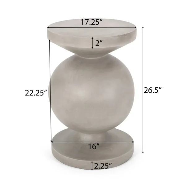 Supplier dimension diagram showing the side table 17.25 inches across and 26.5 inches high, with a 16-inch base.
